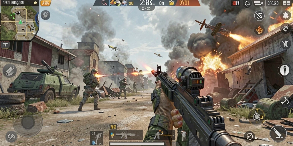 Gameplay DY01 yang intens dan seru saat bertempur dalam mode FPS.