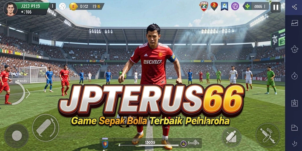 Tampilan gameplay menegangkan dalam JPTERUS66 dengan aksi sepak bola realistik.