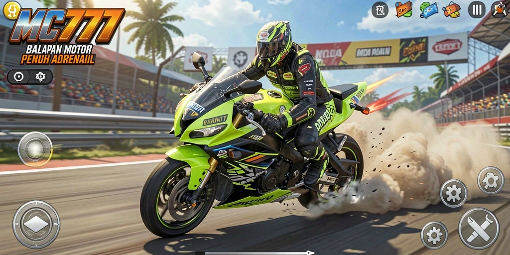 Screenshot gameplay MC777 menampilkan balapan motor yang seru dan mendebarkan.
