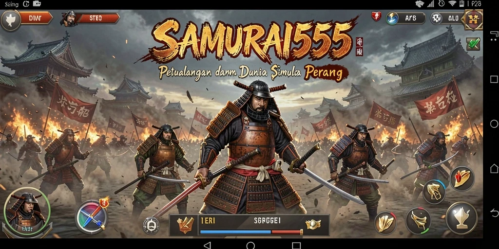Screenshot gameplay SAMURAI555 menampilkan pertarungan samurai yang intens dengan grafis yang memukau.
