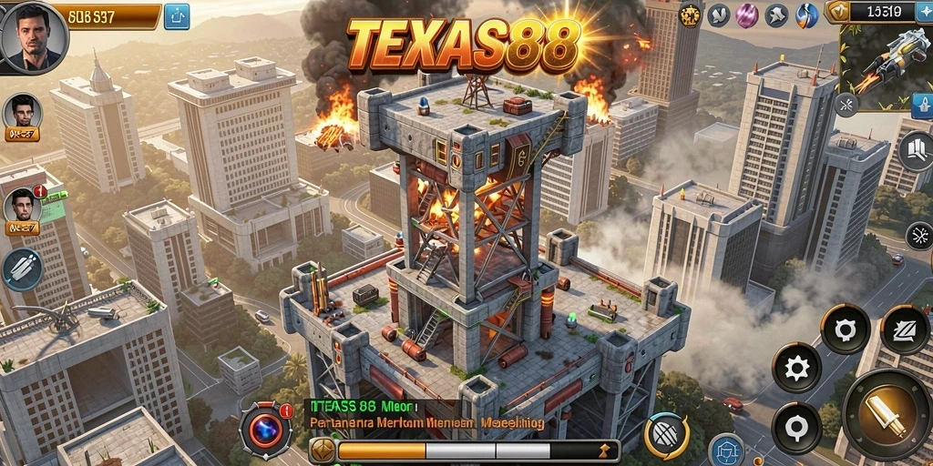 Screenshot gameplay TEXAS88 yang menunjukkan menara yang beraksi.