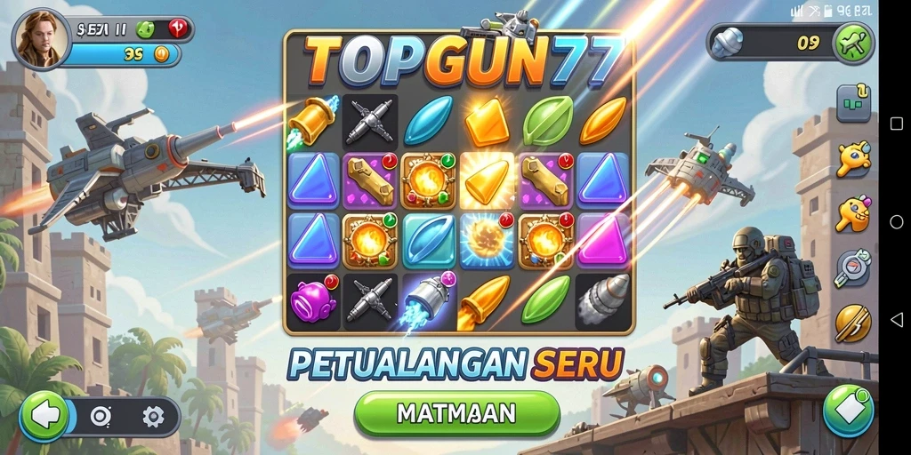 Tampilan gameplay seru TOPGUN77 dengan kombinasi warna-warni.